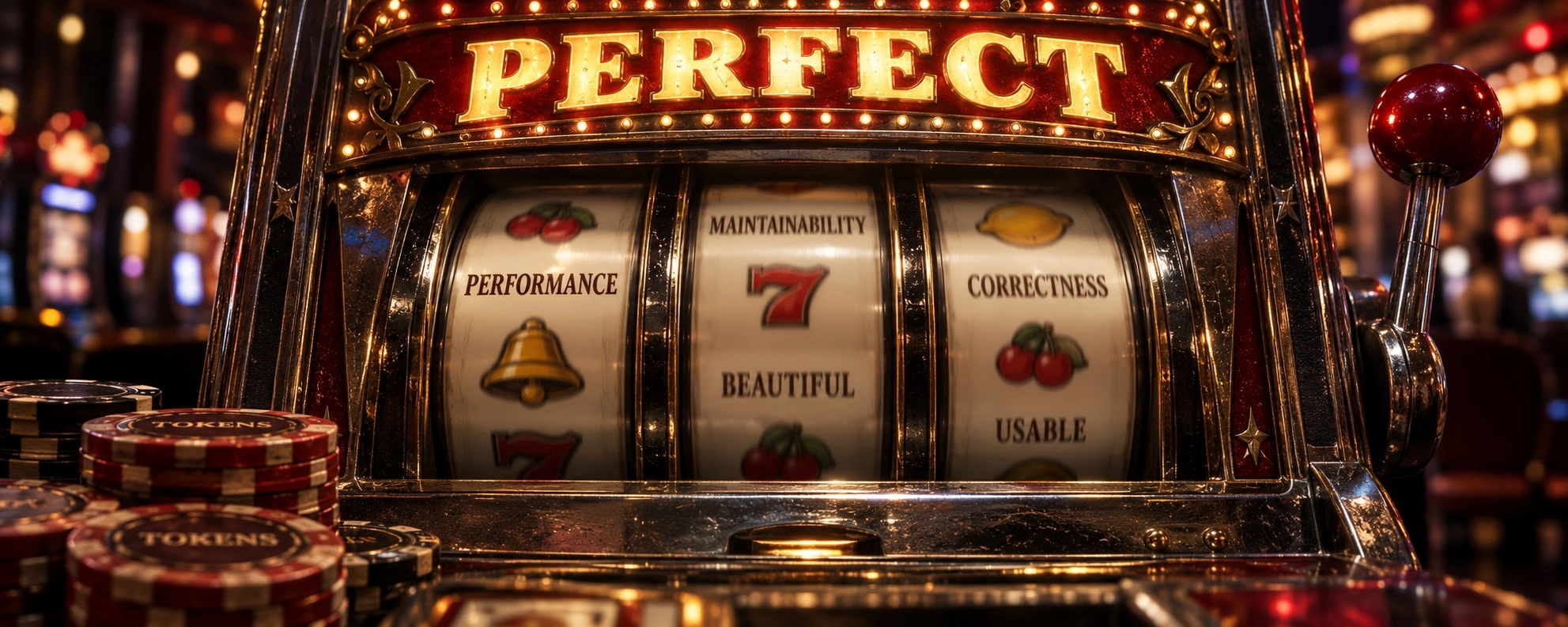 A vintage slot machine with a PERFECT jackpot and mismatched reels chasing performance, maintainability, correctness, beauty, and usability.